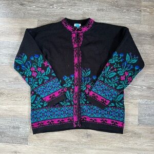 Vintage Women’s Quadro Made In Italy Neon Floral Black Cardigan size Large